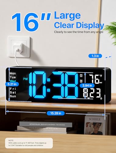 16-Inch Large LED Digital Wall Clock with Remote and RGB Night Light