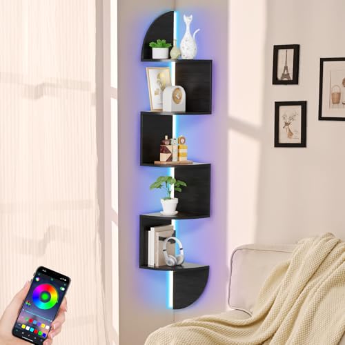 5-Tier Corner Wall Shelf with App-Controlled LED Lighting, Black