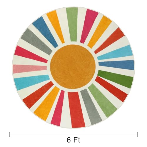 6 Ft Round Sunshine Area Rug, Washable Boho Kids Playroom Carpet