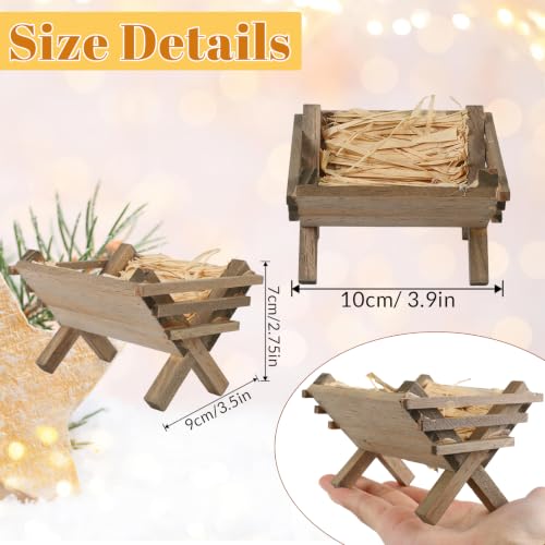 Fangoo 4 Inch Wooden Nativity Manger with Hay - Religious Christmas Decor