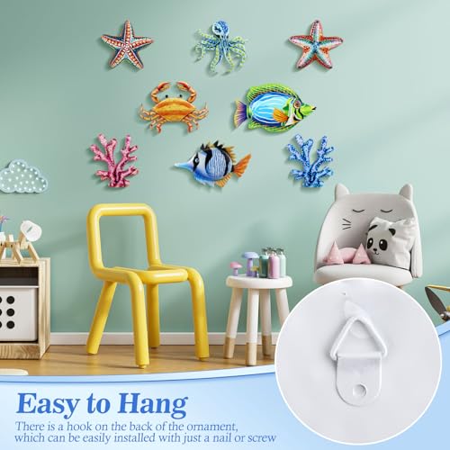 8-Piece Metal Coastal Wall Art Set, Colorful Tropical Sea Life Sculptures