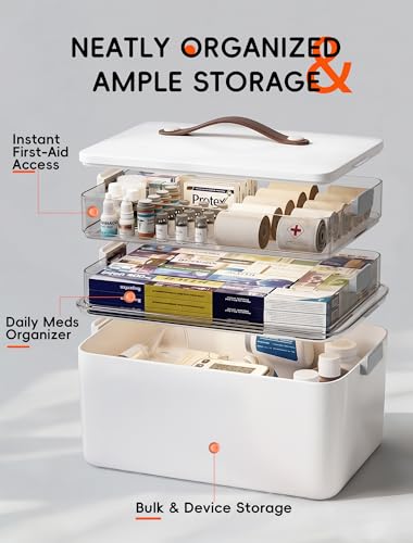 3-Tier Medicine Storage Box with Clear Trays and Carry Handle