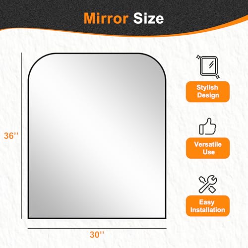 36x30 Inch Rounded Rectangle Bathroom Mirror, Black Metal Frame Wall Mirror
