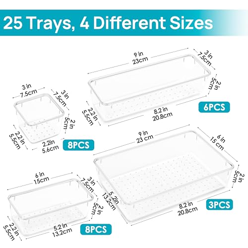 Vtopmart 25-Piece Clear Plastic Drawer Organizer Set - 4-Size Storage Bins for Makeup, Kitchen Utensils and Office