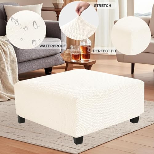 Large Waterproof Square Ottoman Cover with Elastic Bottom - Beige