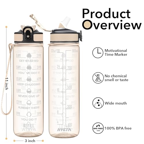 Hyeta Clear Amber 32oz Water Bottle with Straw & Time Marker, Leakproof BPA-Free Tritan