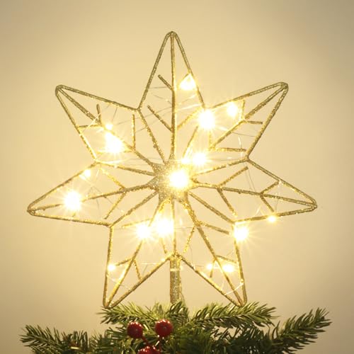 YEAHOME 7-Point Gold Star Christmas Tree Topper with 20 LEDs & Timer
