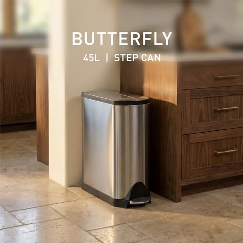45 Liter Brushed Stainless Steel Butterfly Lid Kitchen Step Trash Can