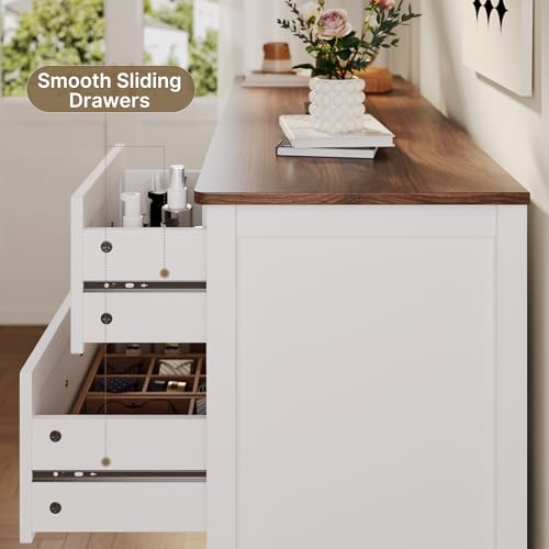 6 and 7 Drawer Bedroom Dresser Set, White Wood Chest with Rustic Top