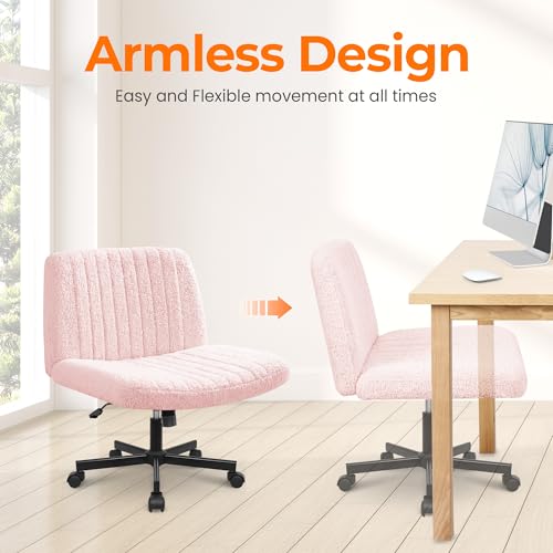 Criss Cross Desk Chair with Wheels - Wide Armless Teddy Pink Swivel Chair