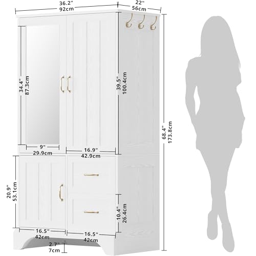 3-Door Wooden Wardrobe Armoire with Mirror, Hanging Rod and Drawers