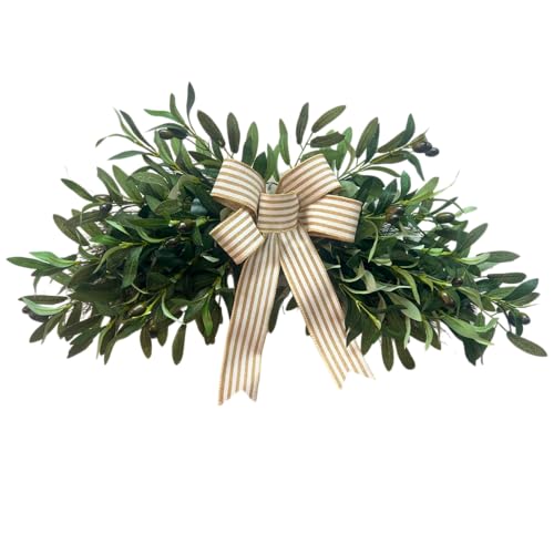 Pre-Lit Artificial Olive Branch Swag with 20 LED Lights and Striped Bow