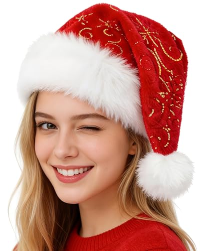 Christmas Snowflake Santa Hat for Adults – Thick Velvet Red Holiday Hat