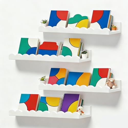 Set of 4 Scalloped Floating Wall Shelves for Nursery and Kids Room