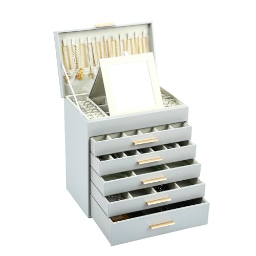 BOOVO 6-Layer Jewelry Box for Women - Grey & Gold, Large Organizer with 6 Layers for Necklaces, Bracelets, Earrings & Rings