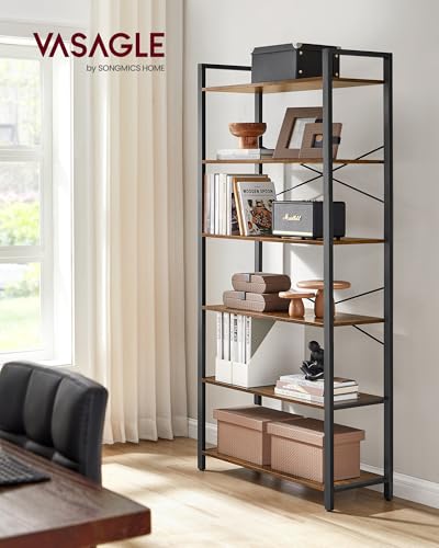6-Tier Industrial Bookshelf with Steel Frame, Rustic Brown and Black