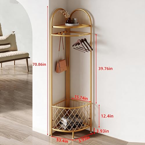 Gold Corner Coat Rack with Storage Basket and 6 Hooks for Entryway