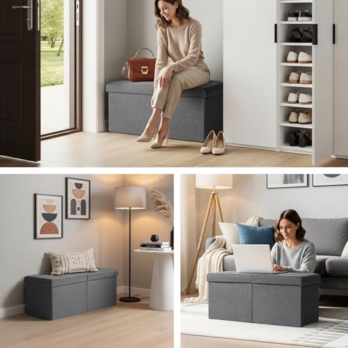 30-Inch Collapsible Storage Ottoman Bench with Split Top Lid, Gray