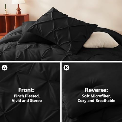 CozyLux Black Queen Comforter Set 7-Piece Pintuck Bed in a Bag