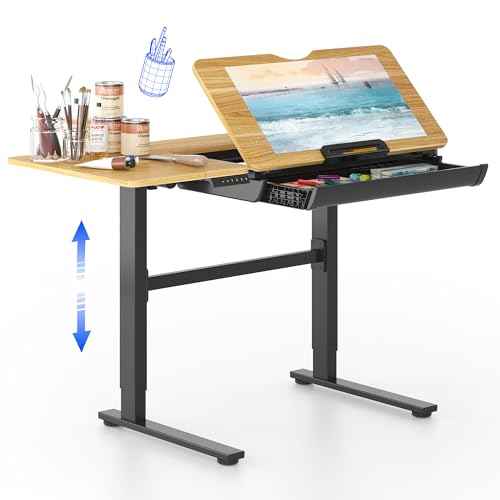 Electric Height Adjustable Drafting Table with Tilting Top and Drawer