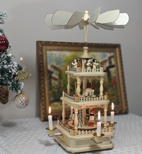 3-Tier Wooden Christmas Pyramid Nativity Carousel with 4 Candle Holders, 18"