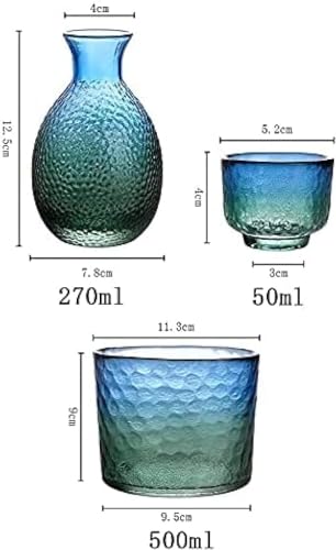 Japanese Sake Set for 4 - Handcrafted Blue Green Gradient Glass Carafe & Cups