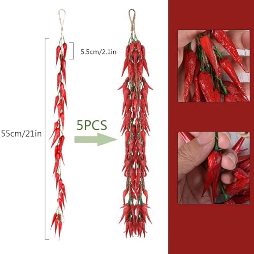 5-Piece Artificial Chili Pepper Hanging Strings, Lifelike Fake Vegetables