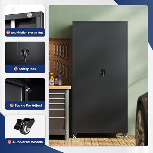 75" Rolling Metal Garage Storage Cabinet with Locking Doors & Adjustable Shelves