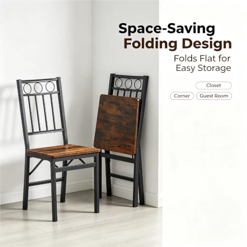 Set of 2 Industrial Folding Dining Chairs with Rustic Wood Seat