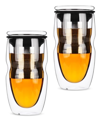 BTaT Double Wall Glass Tea Cups 16 oz (2 Pack) with Stainless Steel Infuser & Lid - Modern Borosilicate Tea Mug for Loose Leaf & Tea Bags