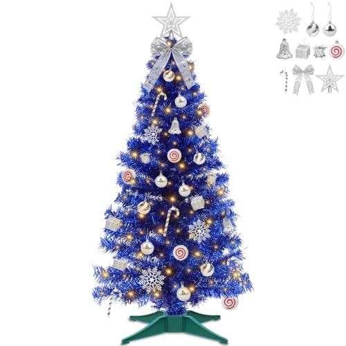 TURNMEON Blue 4 Ft Lighted Artificial Christmas Tree with Warm White Lights & Ornaments