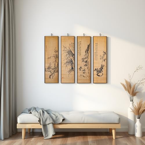 4-Panel Japanese Ink Wall Art Scroll - Shikunshi Four Seasons Zen Decor