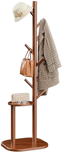 Solid Wood Freestanding Coat Rack with 8 Hooks & Storage Shelves, Brown
