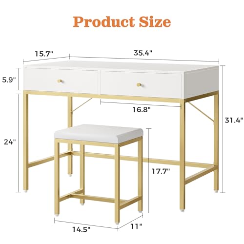 Modern 35.4-Inch Writing Desk with 2 Drawers and Padded Stool