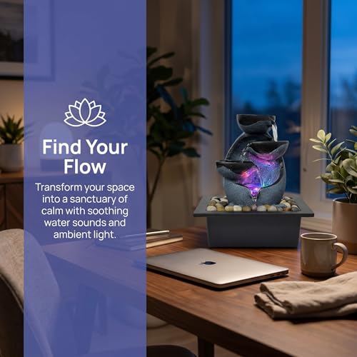 Indoor Tabletop Water Fountain with LED Lights & Pebbles for Desk