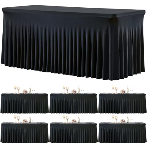Besutolife 6 Pack Black 6ft Spandex Tablecloths for Rectangular Tables Wedding Party