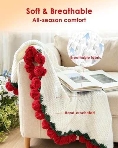 Red 43'' Crochet Flower Blanket - Handmade Rose Bouquet Throw Gift for Women