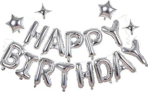 Silver Happy Birthday Foil Balloon Banner with Star Decorations