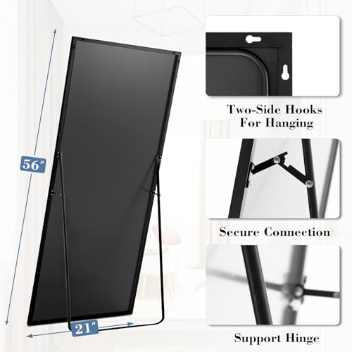 64"x21" Full Length Floor Mirror with Stand, Wall Mounted & Leaning, Black