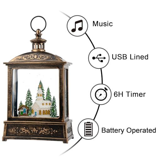 VISFLAIR 12.5'' Church Nativity Snow Globe Lantern with Music & Swirling Glitter