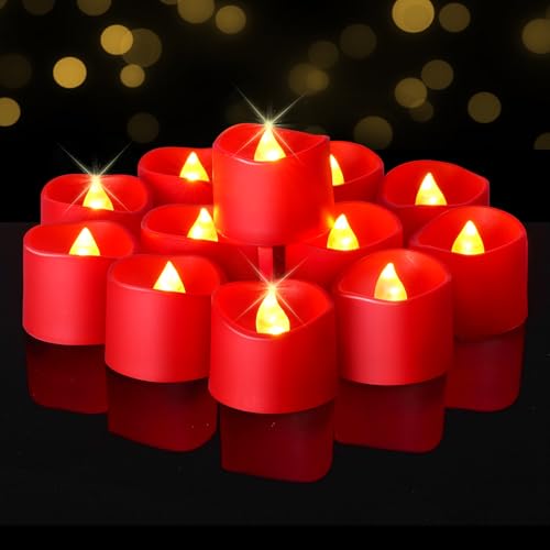 Raycare Red Battery Operated Flameless Tea Lights 12 Pack, 200+ Hour Flickering Candles