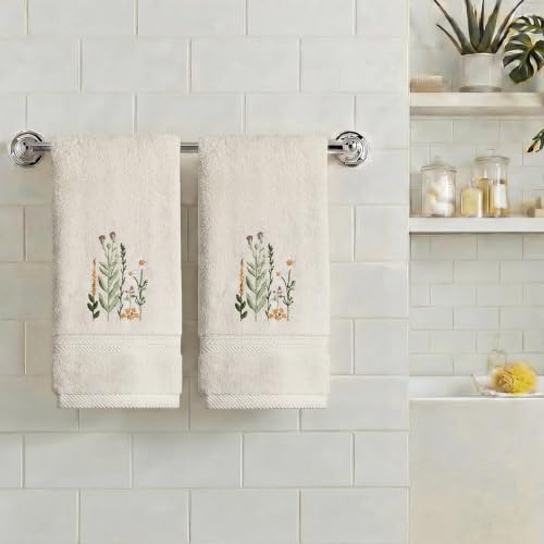 Beige Wildflower Embroidered Hand Towels, 100% Cotton Farmhouse Set of 2