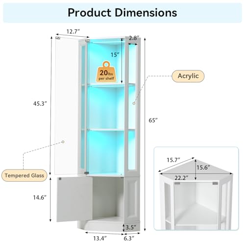 65-inch Corner Display Cabinet with LED Lights and Tempered Glass Door