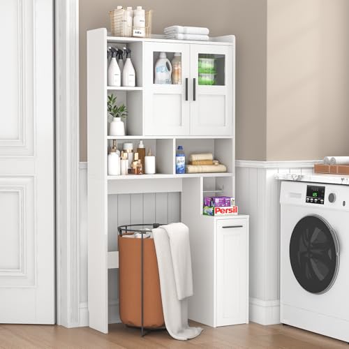 ELYKEN White Over The Toilet Storage Cabinet with Acrylic Doors & Pulley - Space-Saving Bathroom Organizer