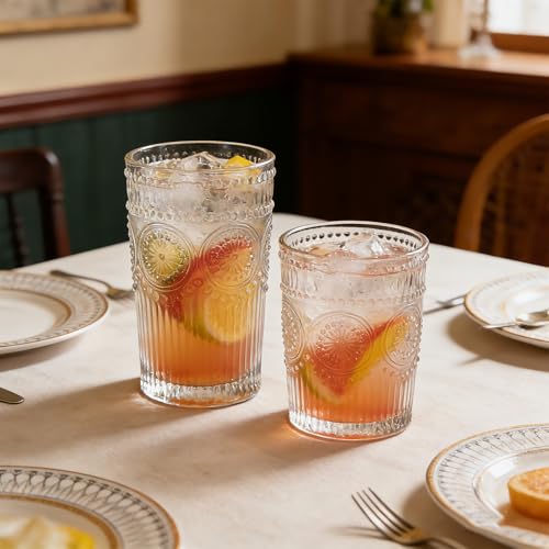 Loivttvv 12oz Vintage Clear Ribbed Highball Glasses Set - Embossed Sunflower Pattern for Cocktails Water Juice & Whiskey
