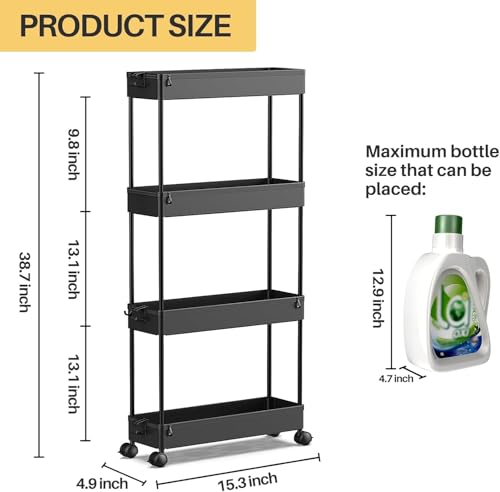 4-Tier Slim Rolling Storage Cart - Narrow Mobile Utility Organizer