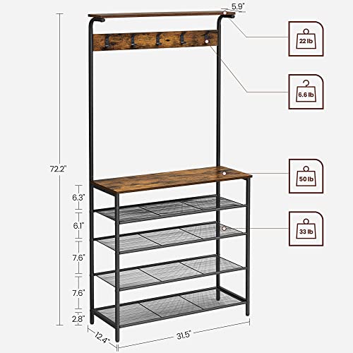 Industrial Hall Tree with Shoe Bench and Coat Rack, 5-Tier Entryway Organizer