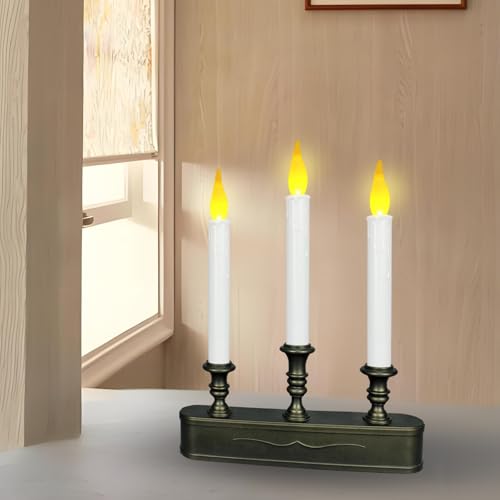 LitTerra Battery Operated Window Candle with Timer - 3 LED Antique Bronze Flickering Flames