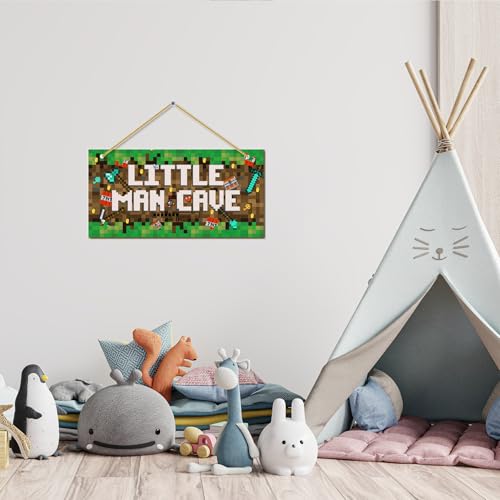 Little Man Cave Pixel Gaming Door Sign - Wooden Gamer Room Wall Decor
