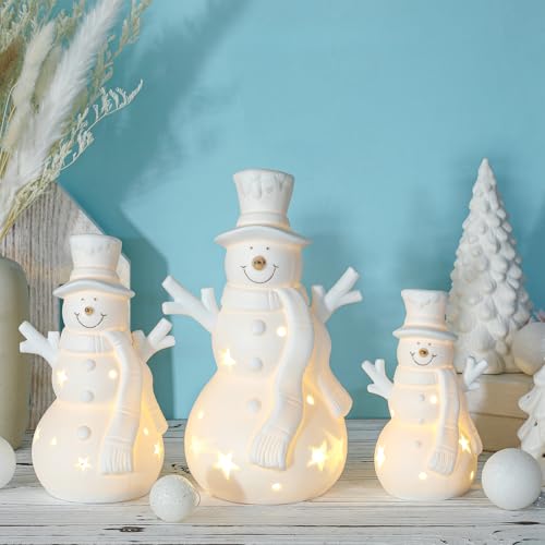 Modern 3 Pack LED Ceramic Snowman Figurines - Battery Operated Holiday Decor